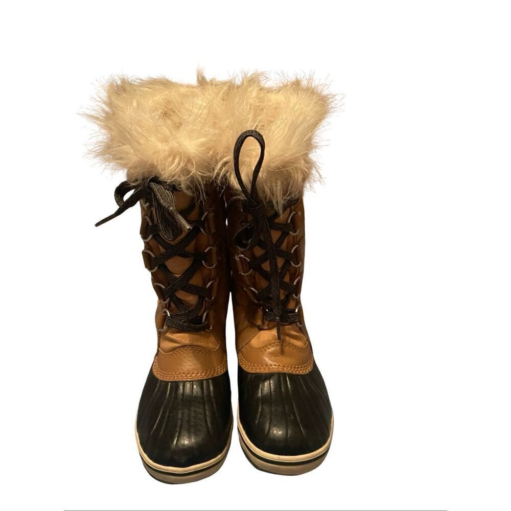 Sorel Tofino II Kids Girls Tan Black Faux Fur Waterproof Winter Snow Boot Size 2